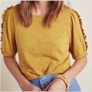 Anthropologie Maeve Clemence Mustard Ruffle Relaxed Puff Sleeve Top Size XS